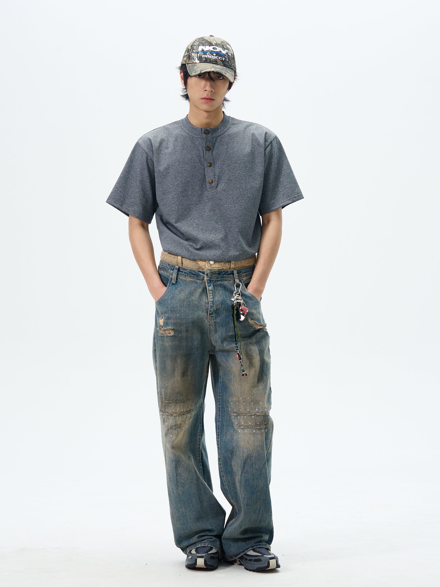 Heavily Distressed Wide Leg Cargo Jeans