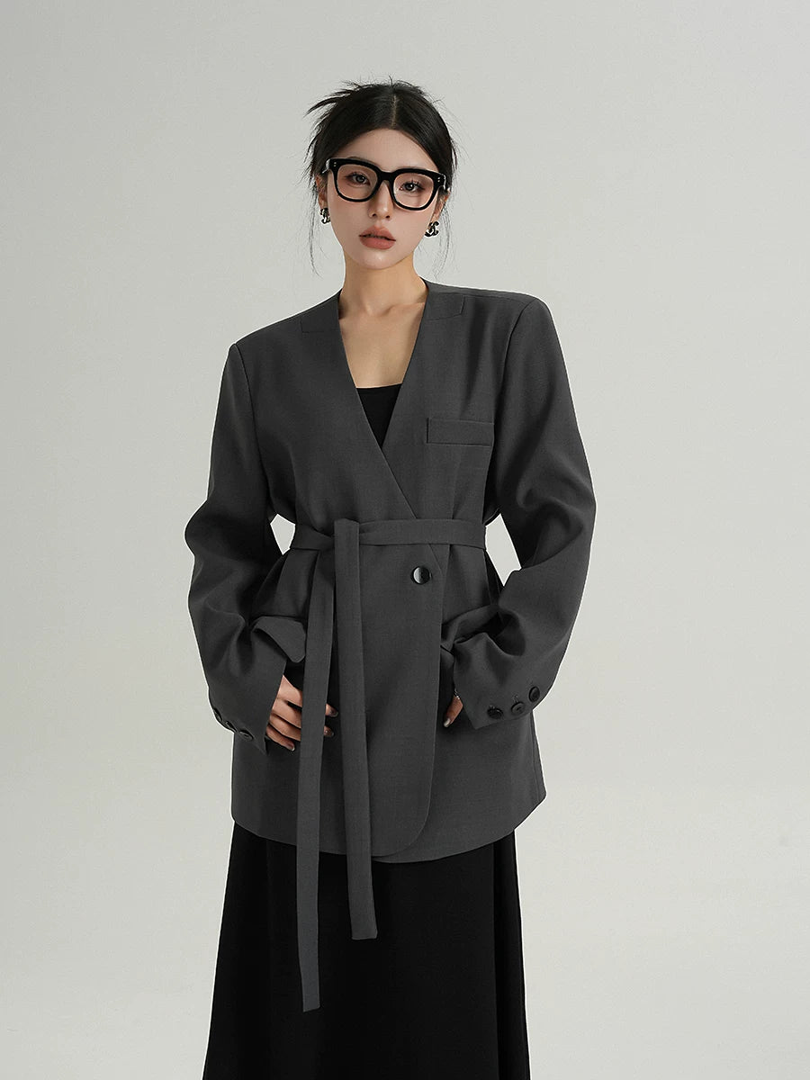Slate Runway Scarf-Collar Blazer