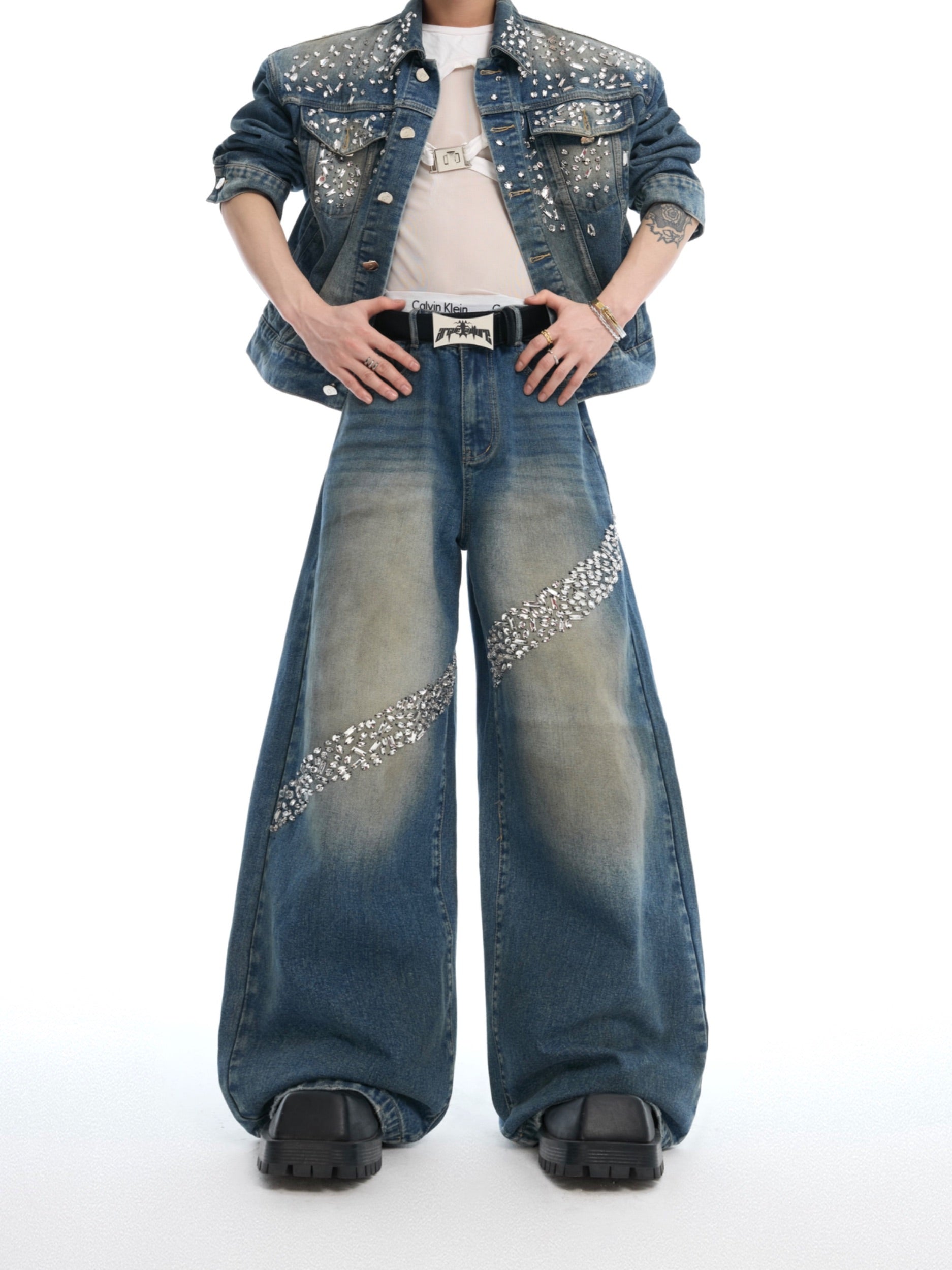 Crystal-Embellished Structured Denim Jacket