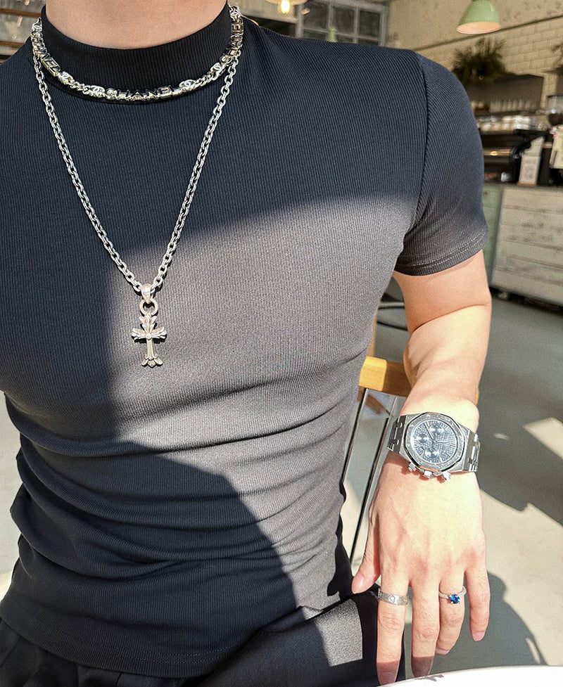 Fitted Mock-Neck Short-Sleeve Tee