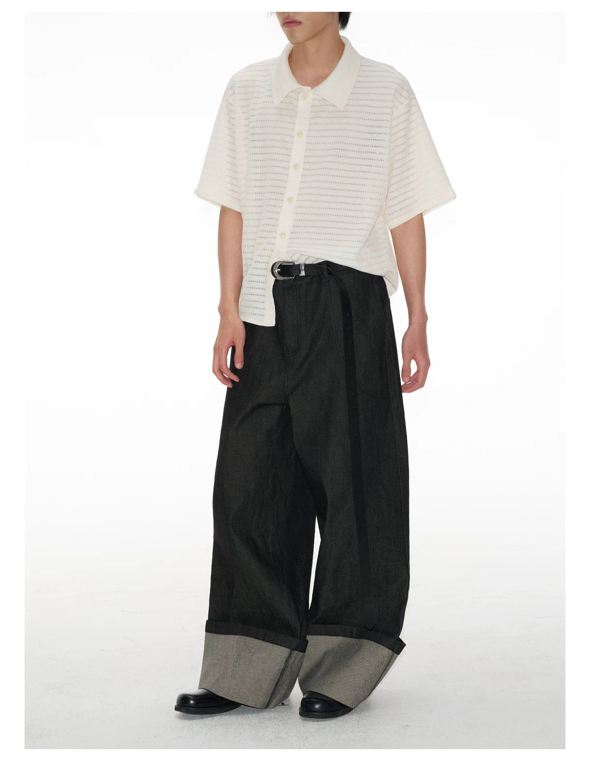 Cuffed Wide-Leg Denim Trousers with Contrast Turn-Up Hem