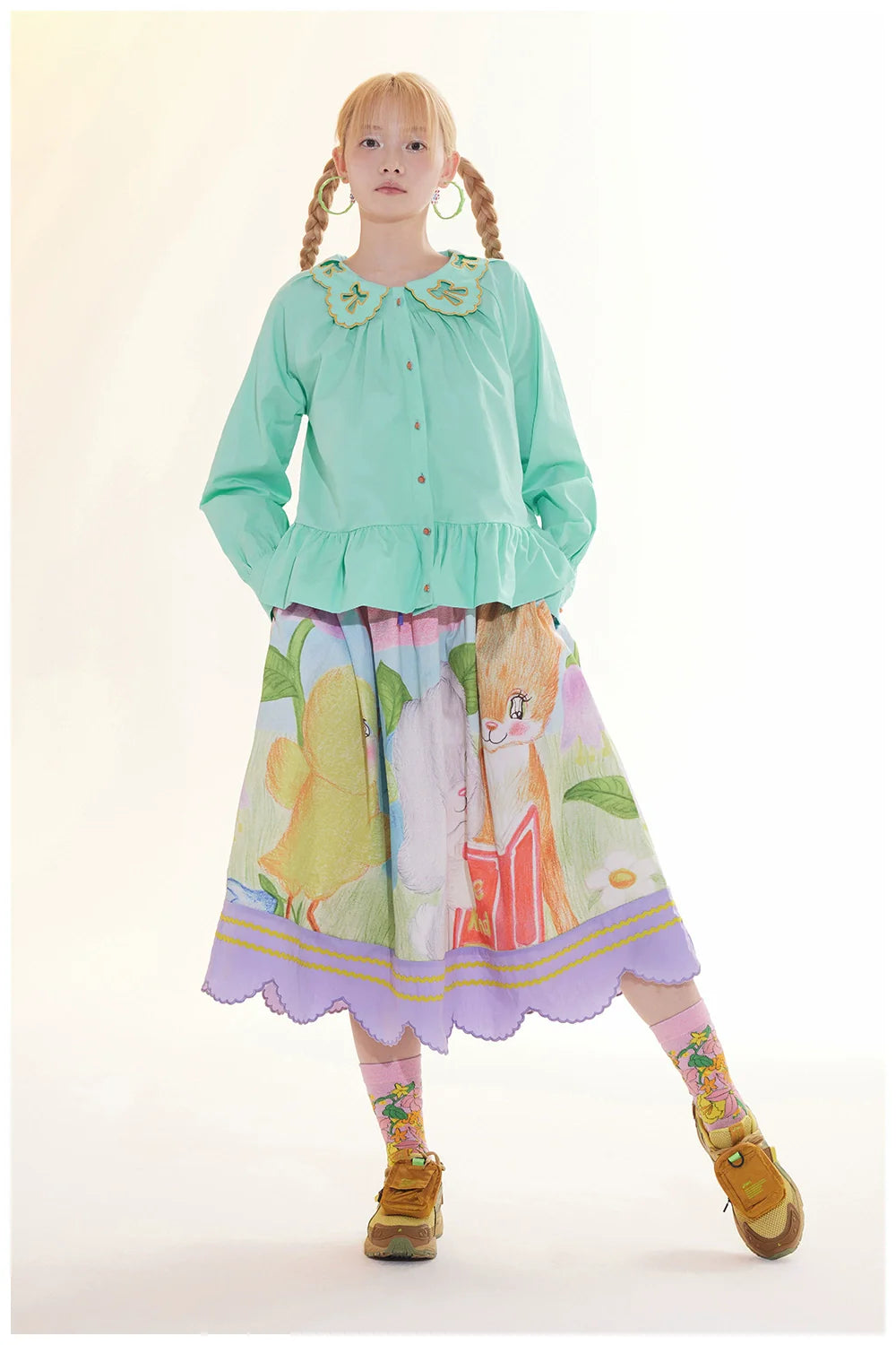Pastel Garden Print Scalloped Midi Skirt