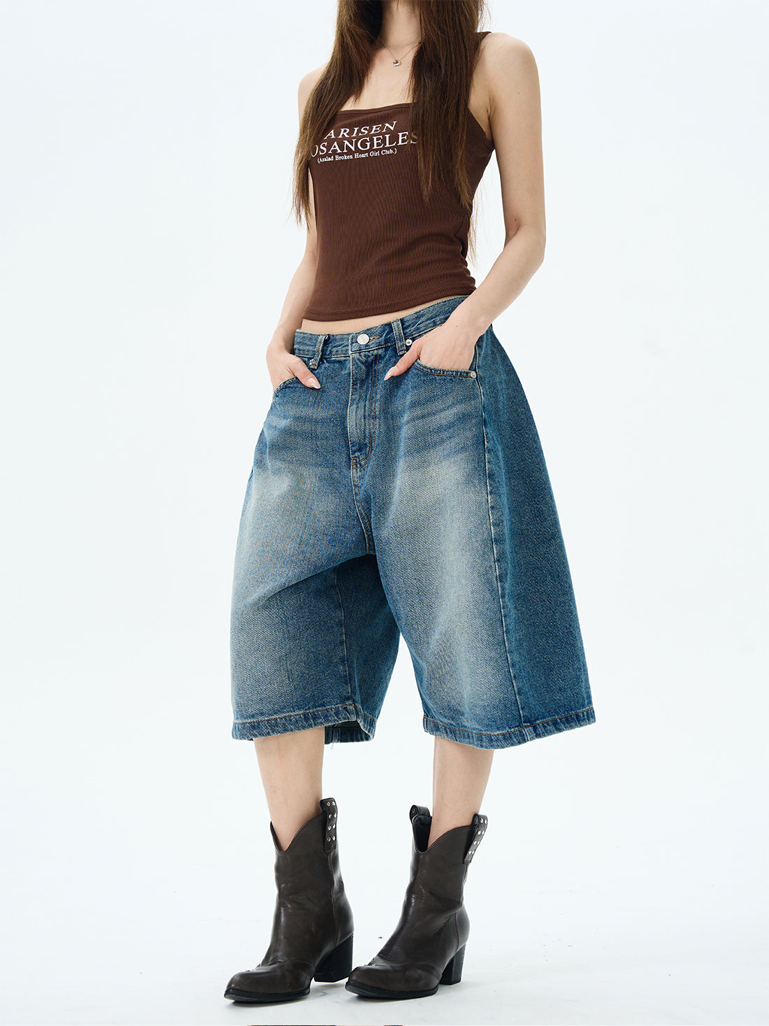 Wide-Leg Denim Bermuda Shorts