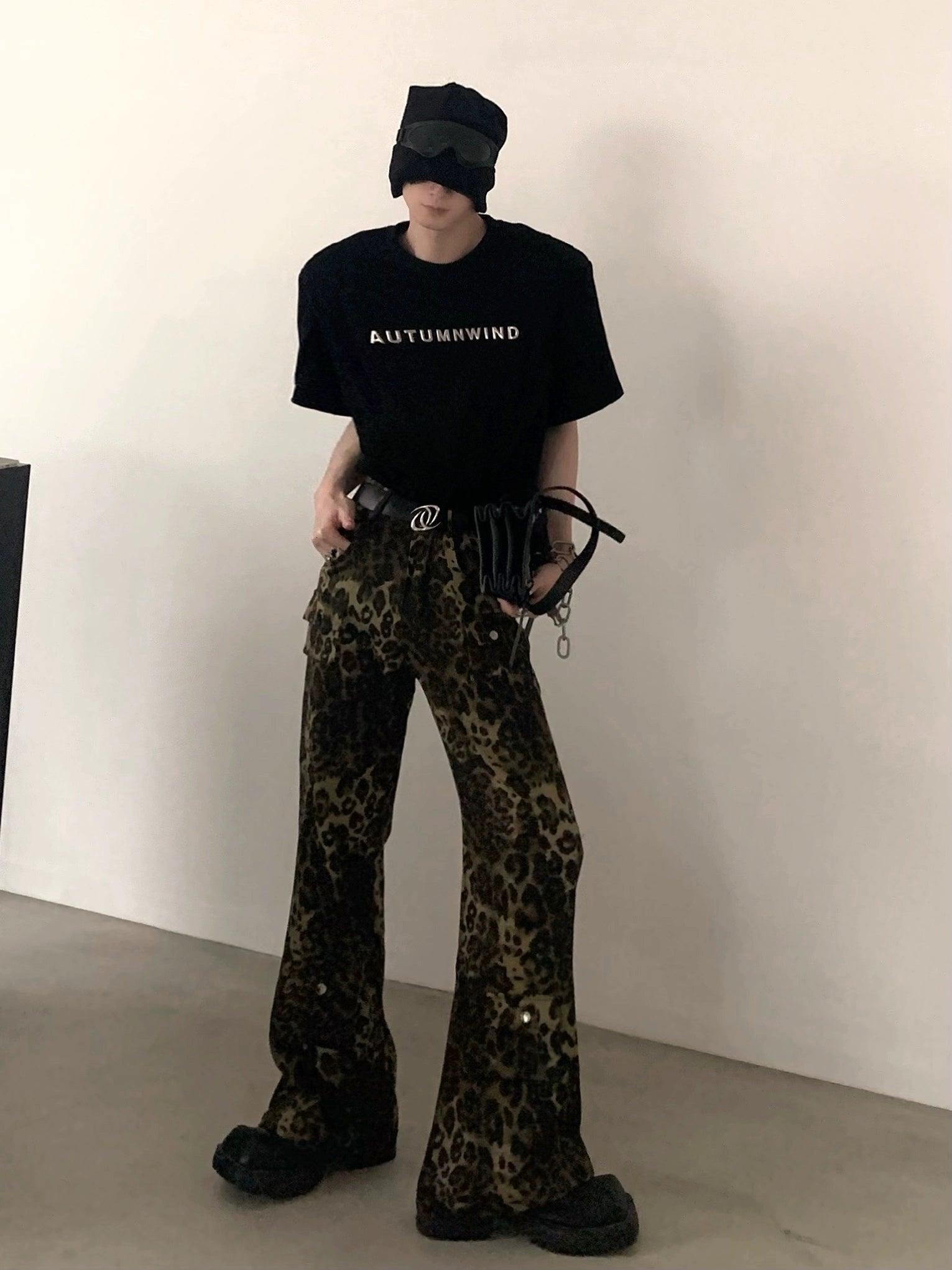 레오파드 프린트 와이드 레그 카고 팬츠