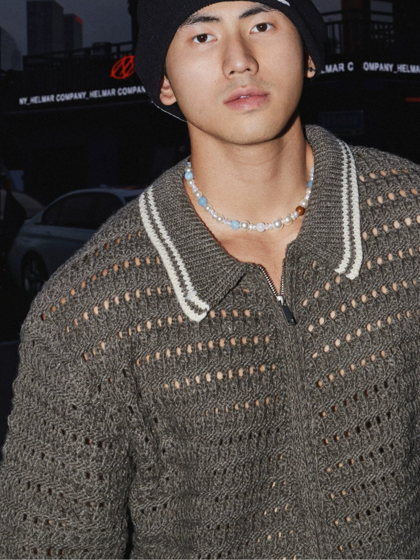 Open-Knit Zip-Up Cardigan with Striped Trim