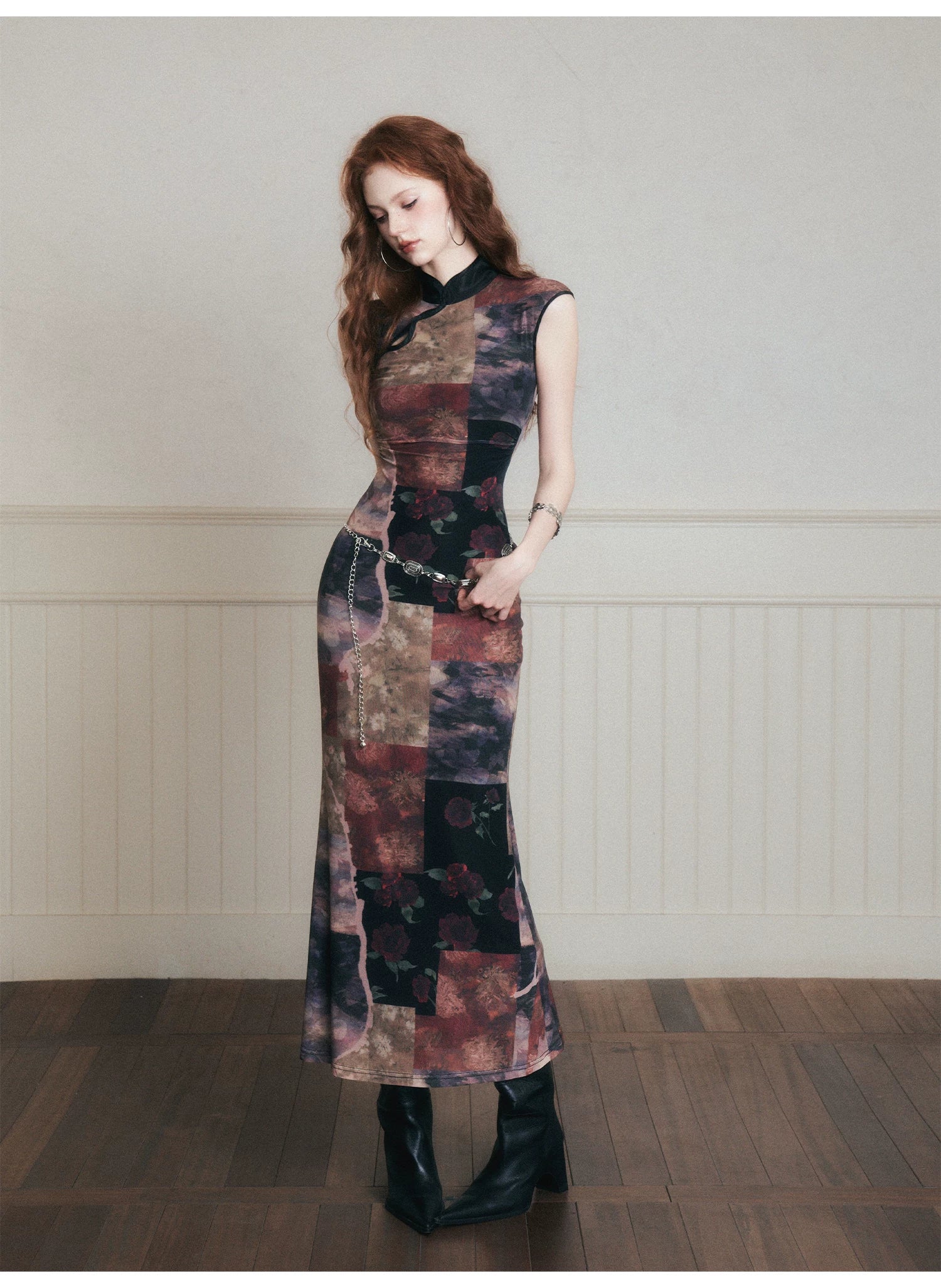 Vintage Noir Patchwork Cheongsam Maxi Dress