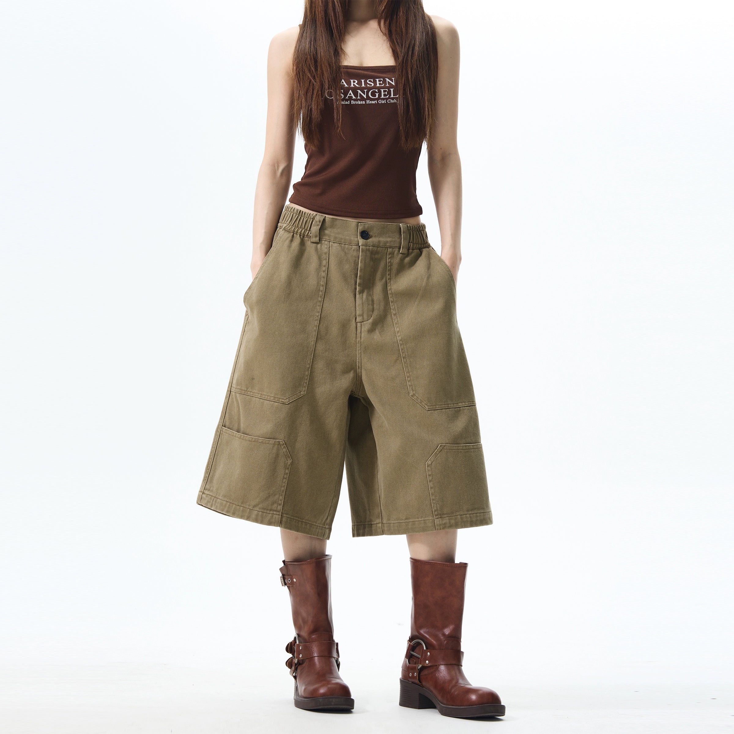 Khaki Wide-Leg Cargo Shorts