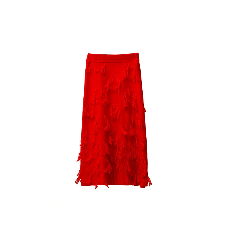 Red Distressed Midi Rock mit ausgefranster Textur