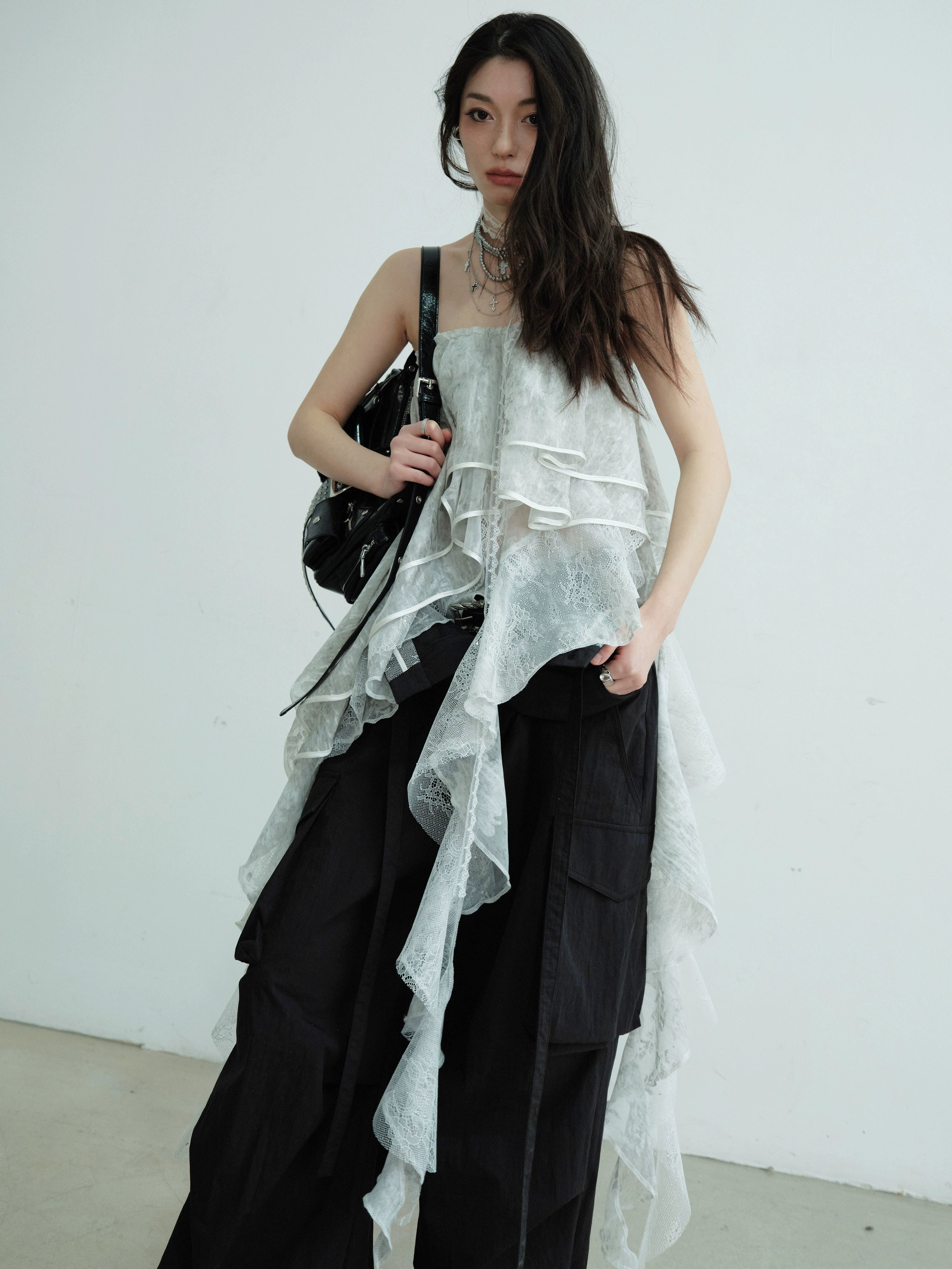Lace Irregular Ruffle Edge Tube Top Skirt