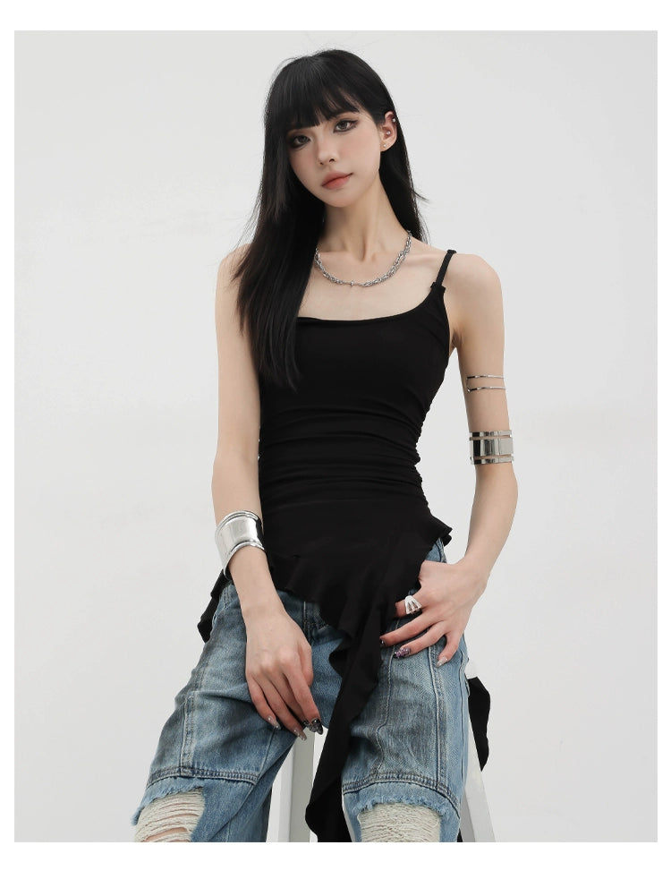 Black Asymmetric Ribbon Strap Tank Top With Ruffle Edge Design - chiclara