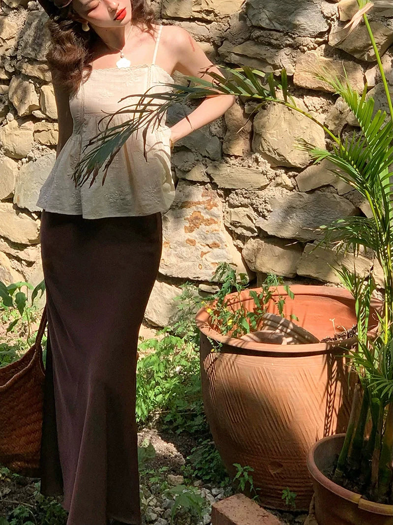 Apricot Spaghetti Strap Peplum Top