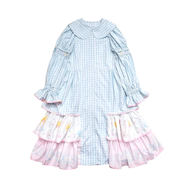 Blue Gingham Layered Ruffle Long Dress