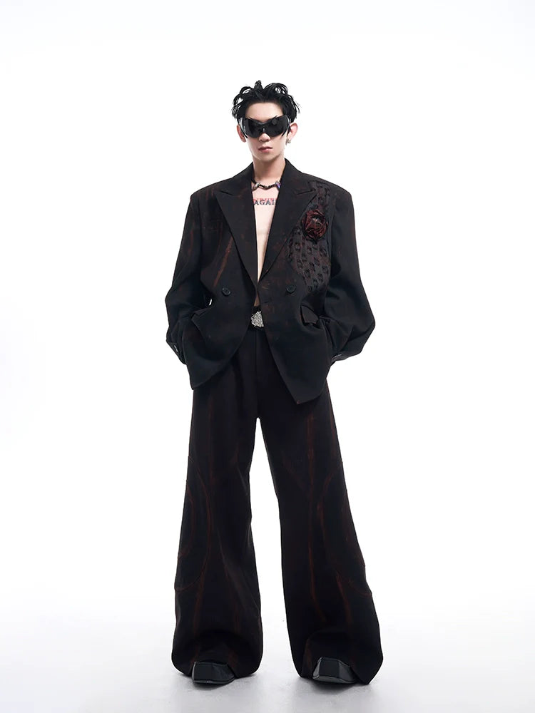 Black Floral Lapel Jacket and Wide Leg Pants Setup