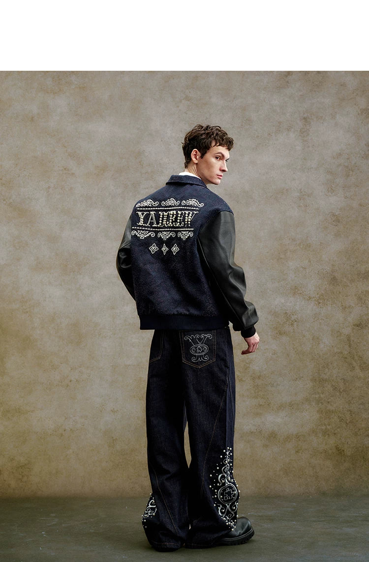 Pearl Embellished Contrast Sleeve Varsity Jacket