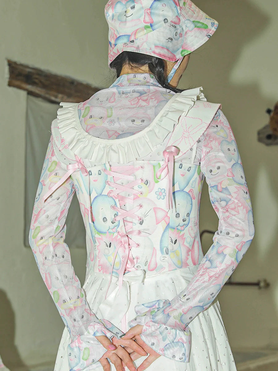 Sweet Bunny Print Bow Strap Corset