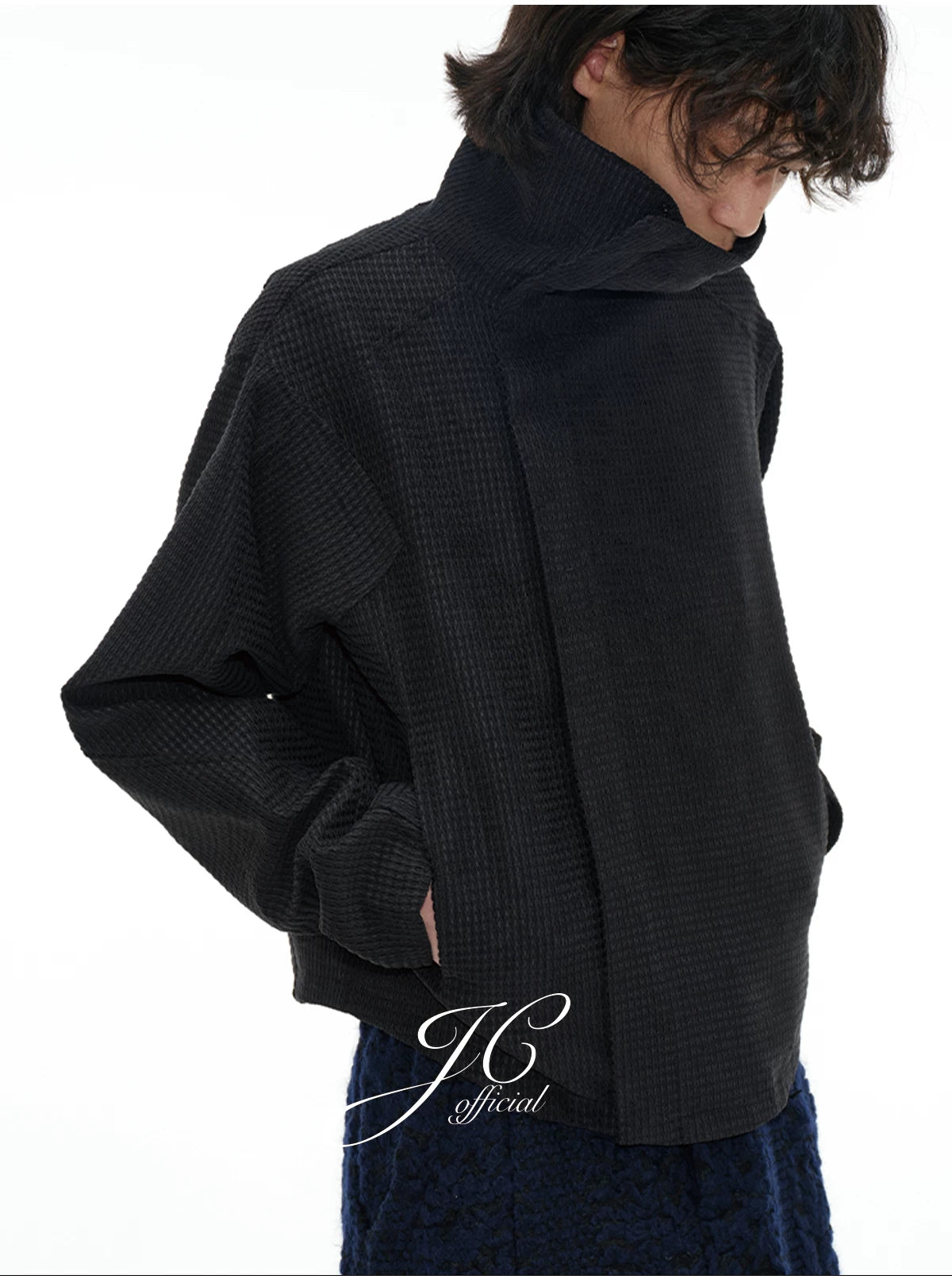 Black Textured Asymmetric-Collar Jacket
