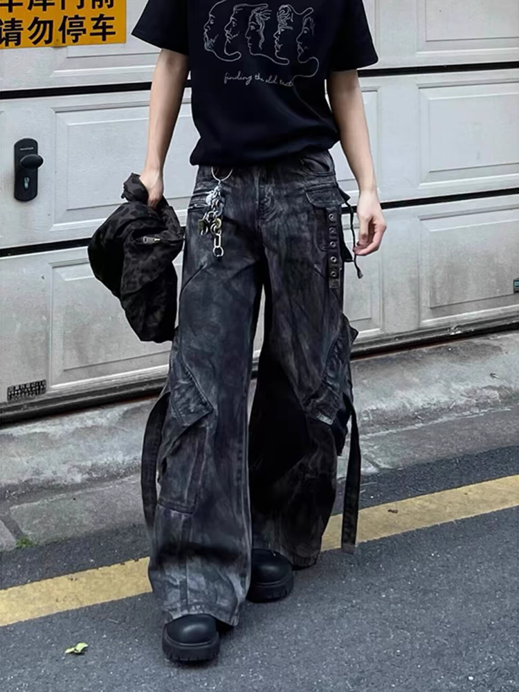 Black Acid Wash Cargo Jeans