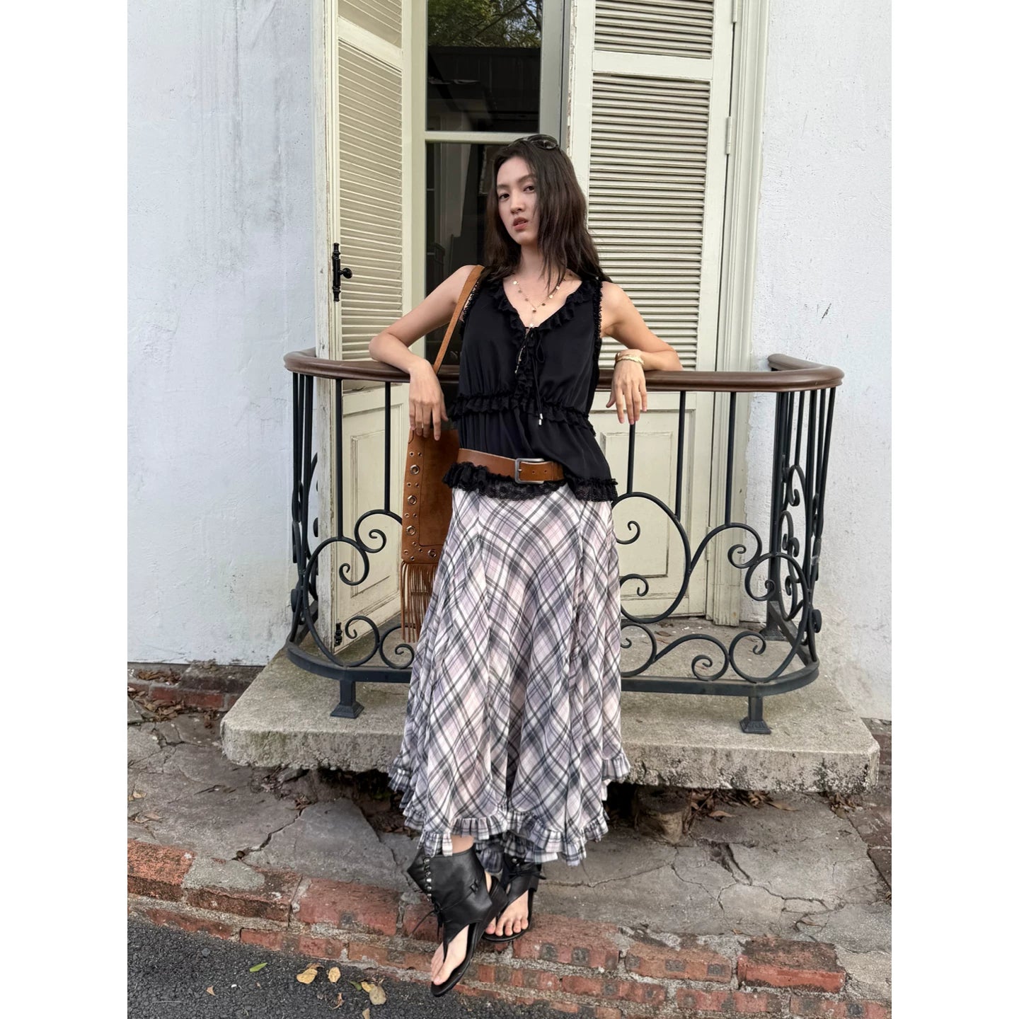Plaid Chiffon Asymmetric Hem Skirt - purple plaid variant image