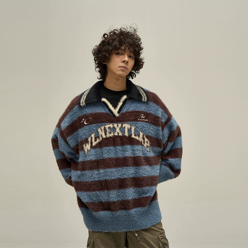 Fuzzy Striped Rugby Collar Sweater