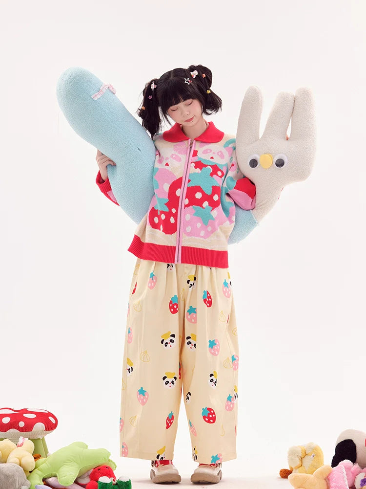 Panda Strawberry Print Wide Leg Pants