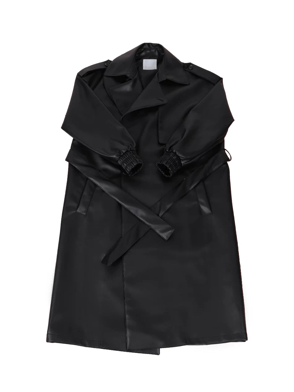 Noir Eclipse Belted Faux Leather Trench Coat