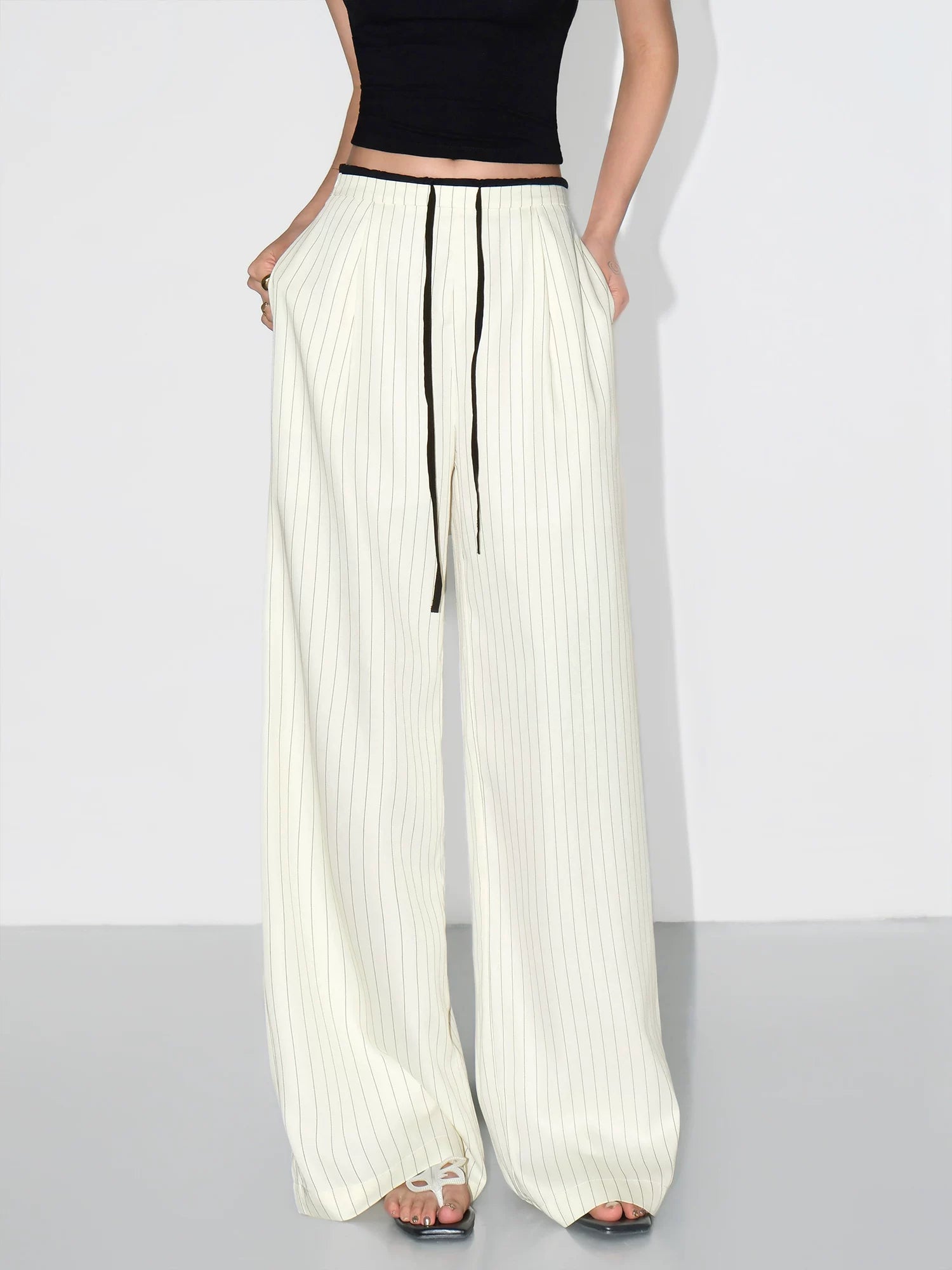 Pinstripe Drawstring Wide Leg Pants