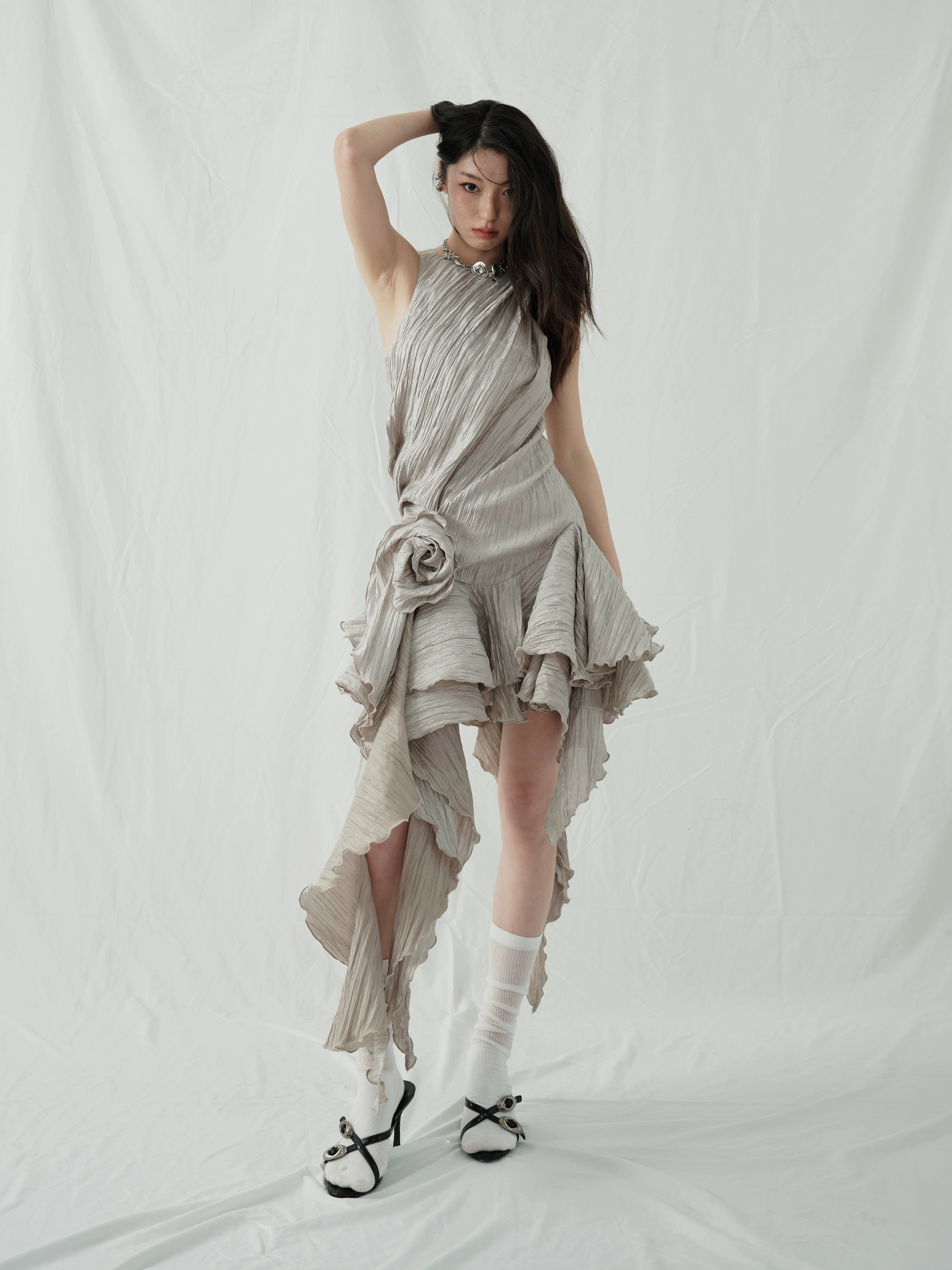 Asymmetric Ruffle Hem Metallic Party Dress