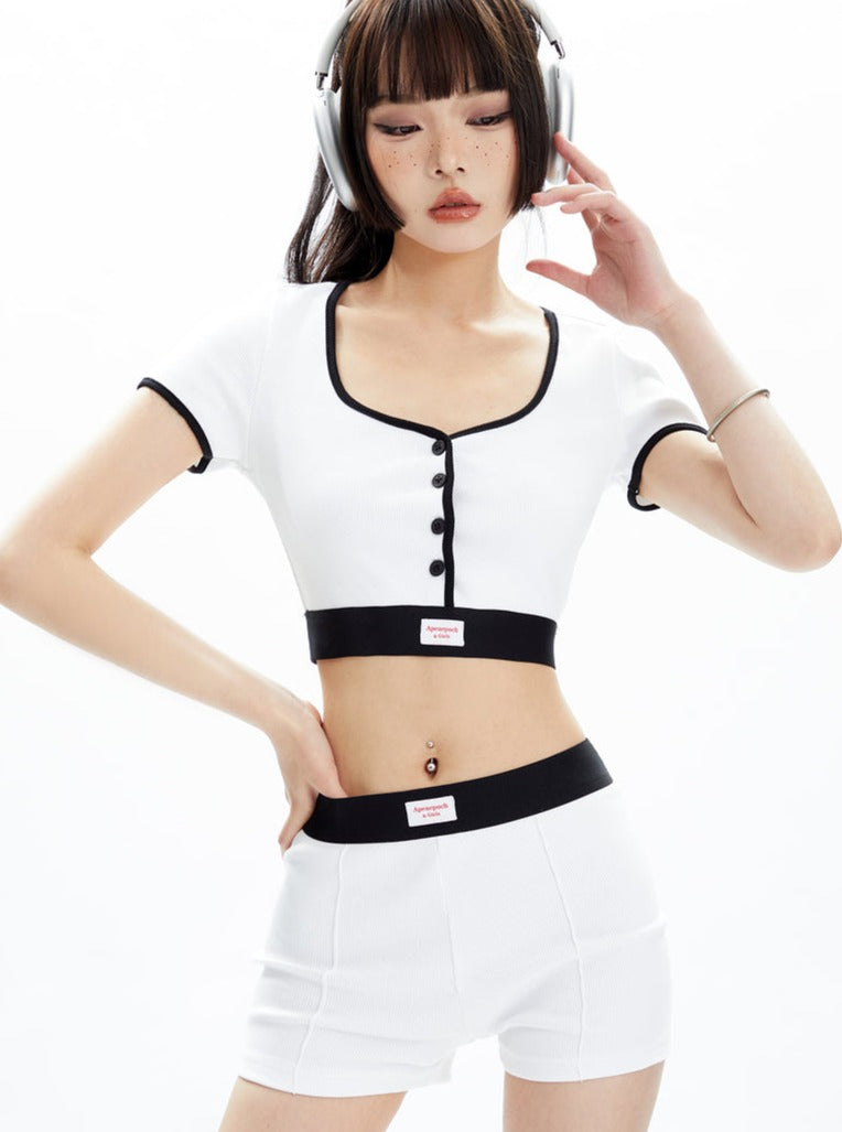 Black and White Contrast Trim Crop Top and Shorts Set