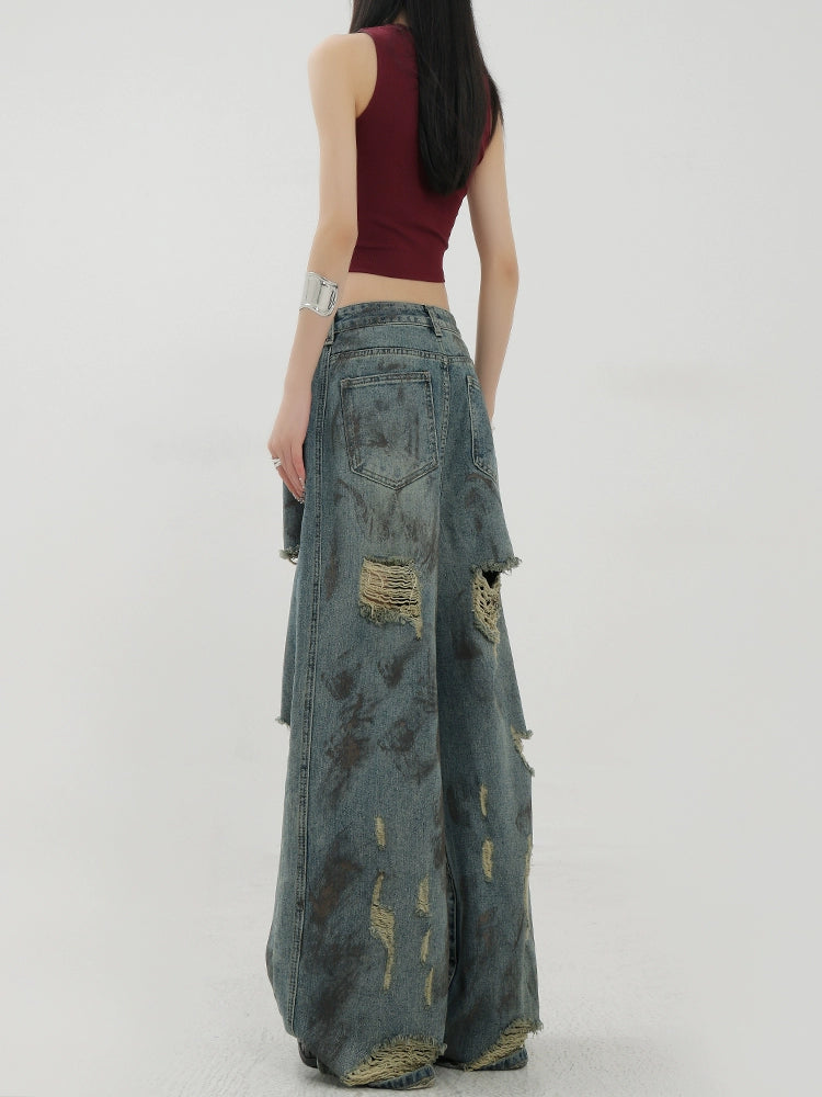 Retro Tie-Dye Distressed Wide-Leg Jeans With Washed Effect And Draping Fit - chiclara