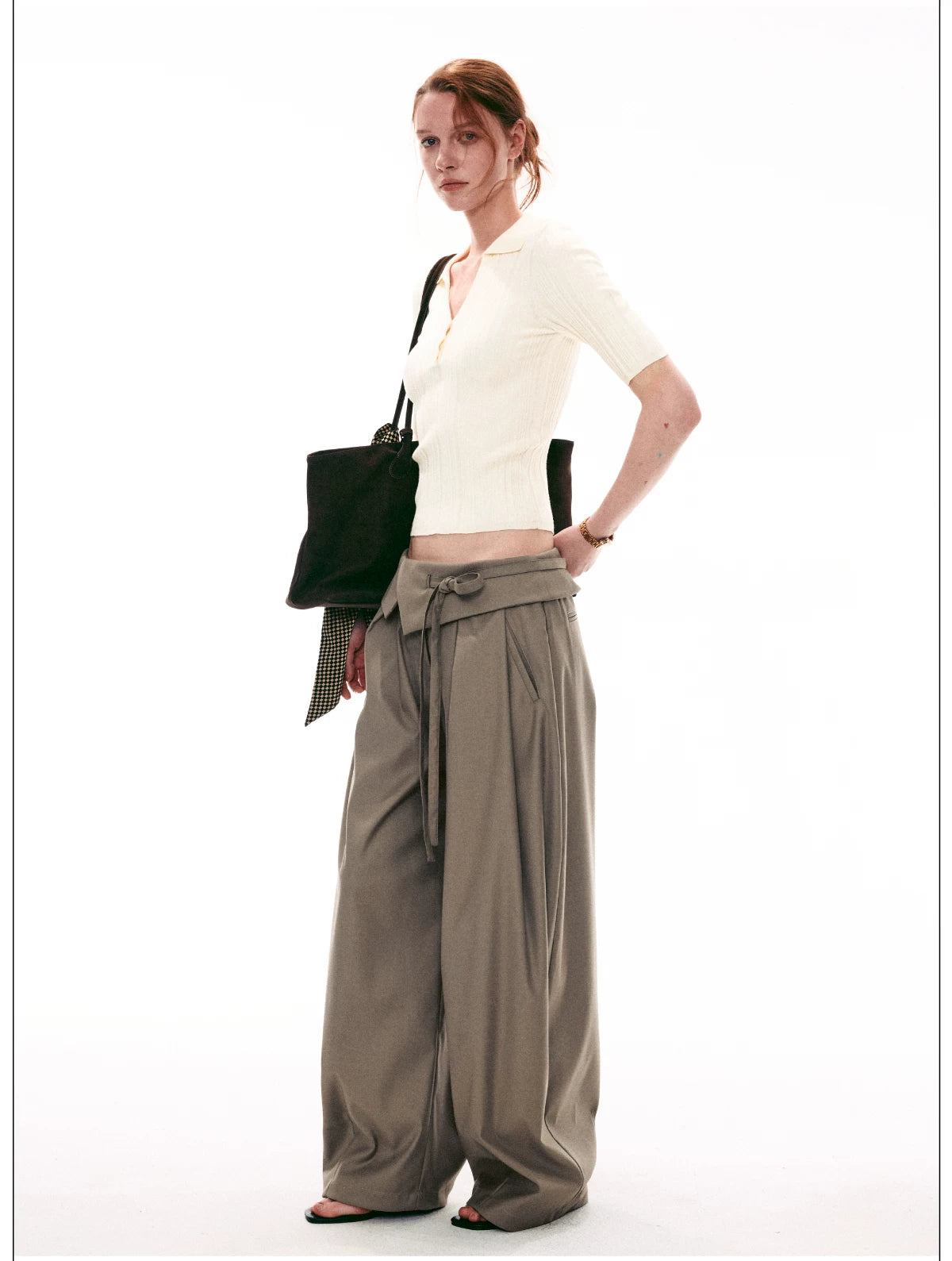 Foldover Tie-Waist Wide Trousers