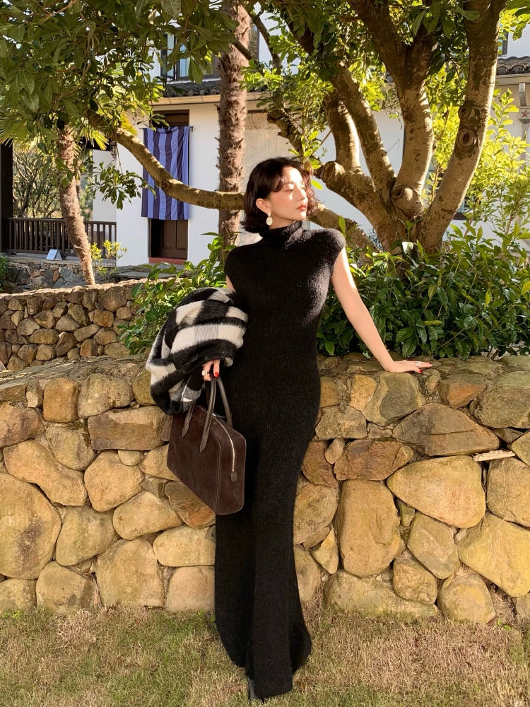 Warm Mohair Turtleneck Knit Maxi Dress