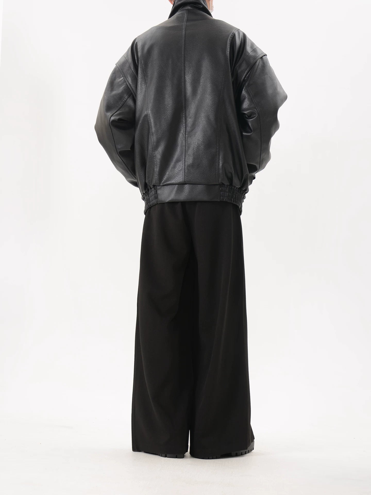 Black Oversized Faux Leather Utility Bomber Jacket