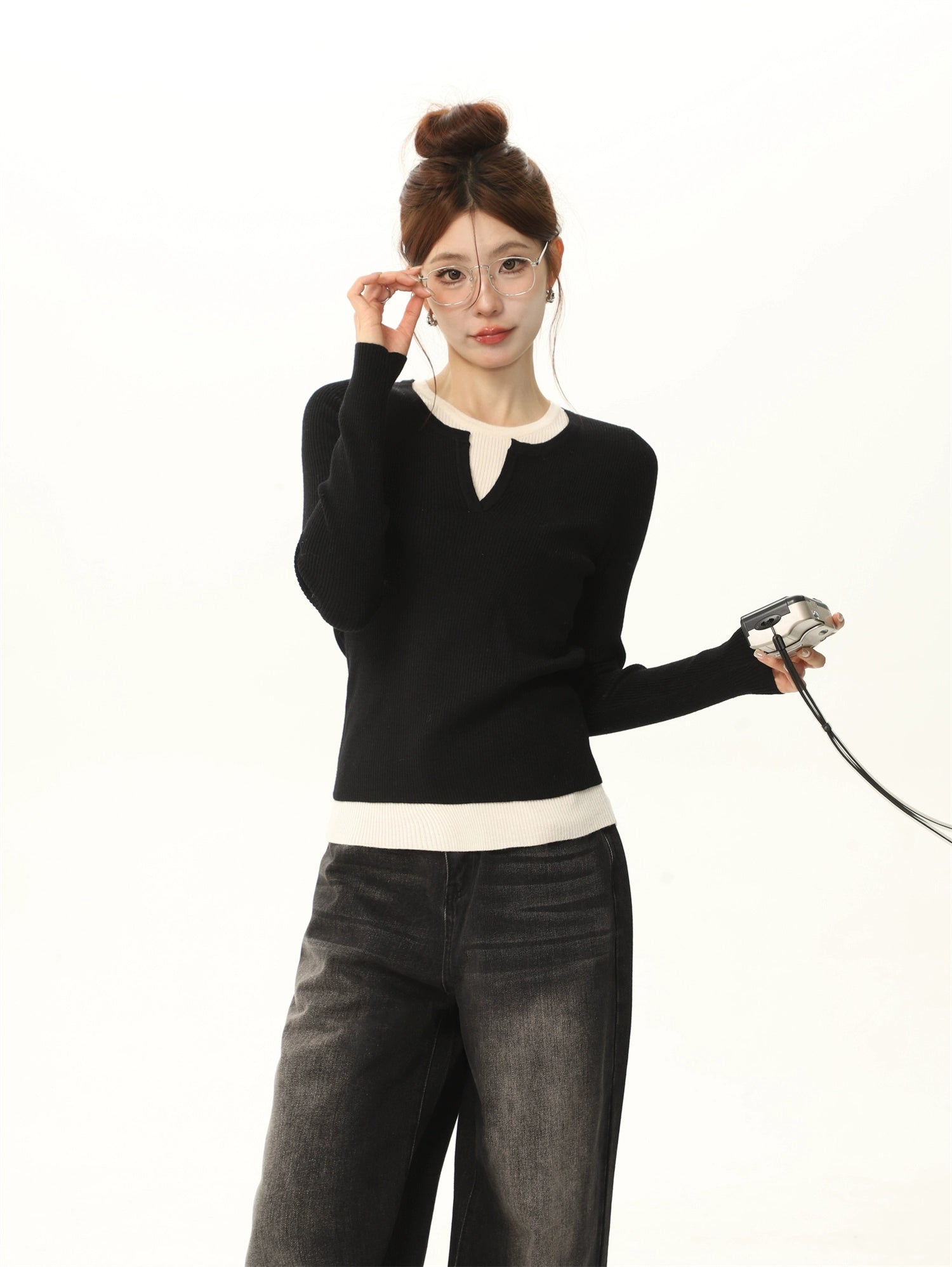 Runder Nackenfarbe Block Langarm Strickpullover