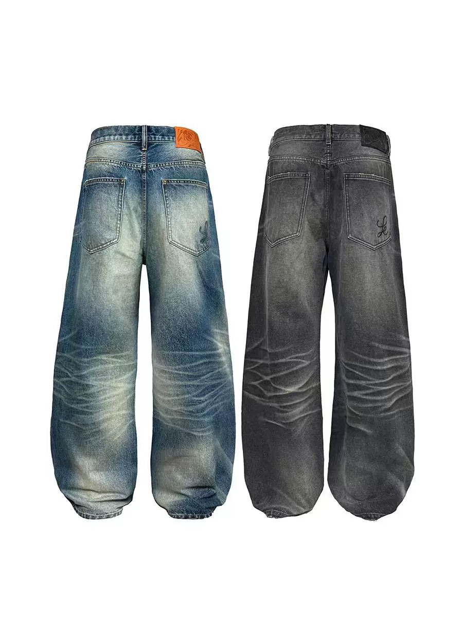 Faded Wide-Leg Balloon Jeans
