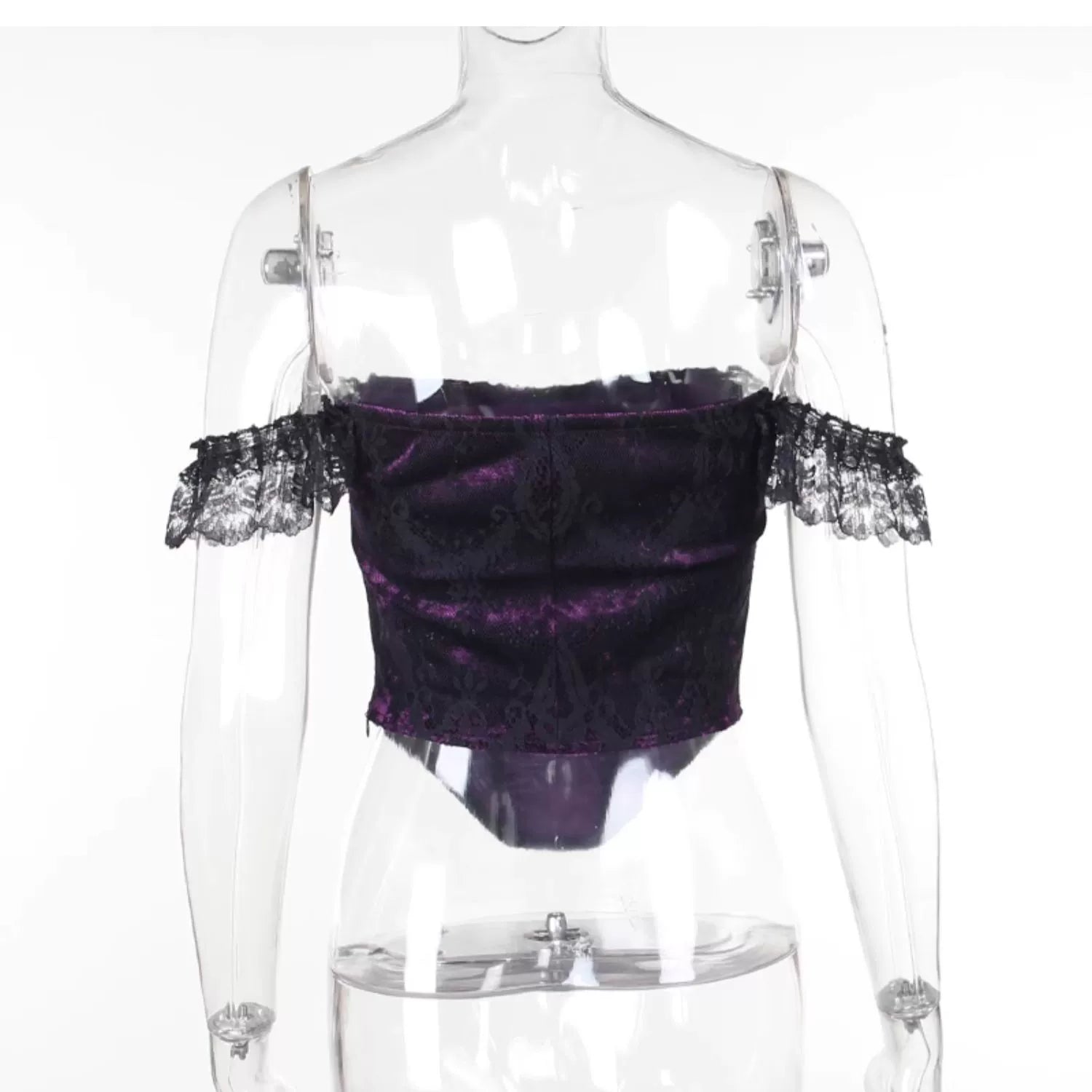 Conjunto de terciopelo gótico de Wannathis - Bodysuit de encaje sin hombros con sirena floral Maxi falda