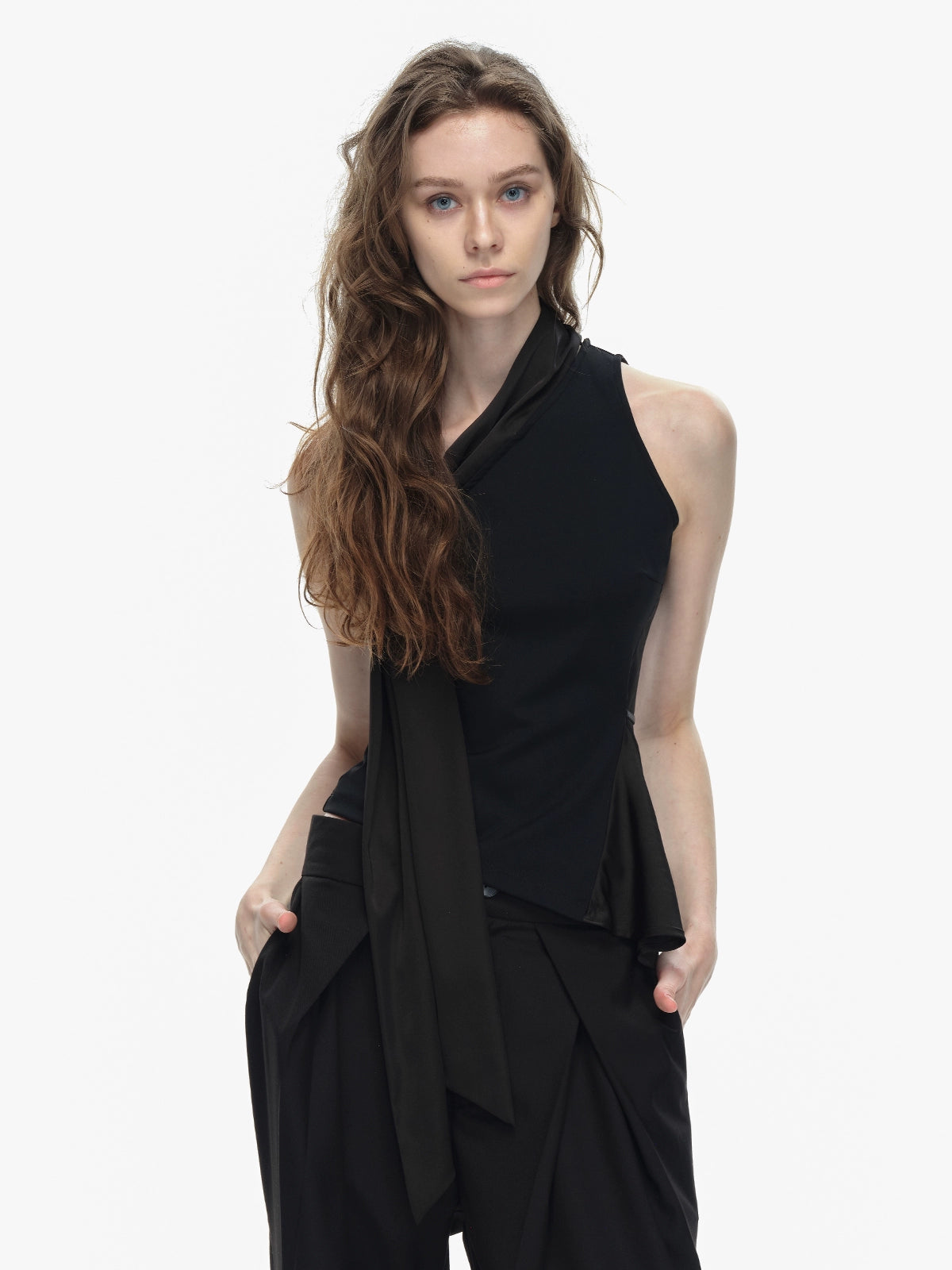Black Asymmetrical Halter Top with Side Tie Detail