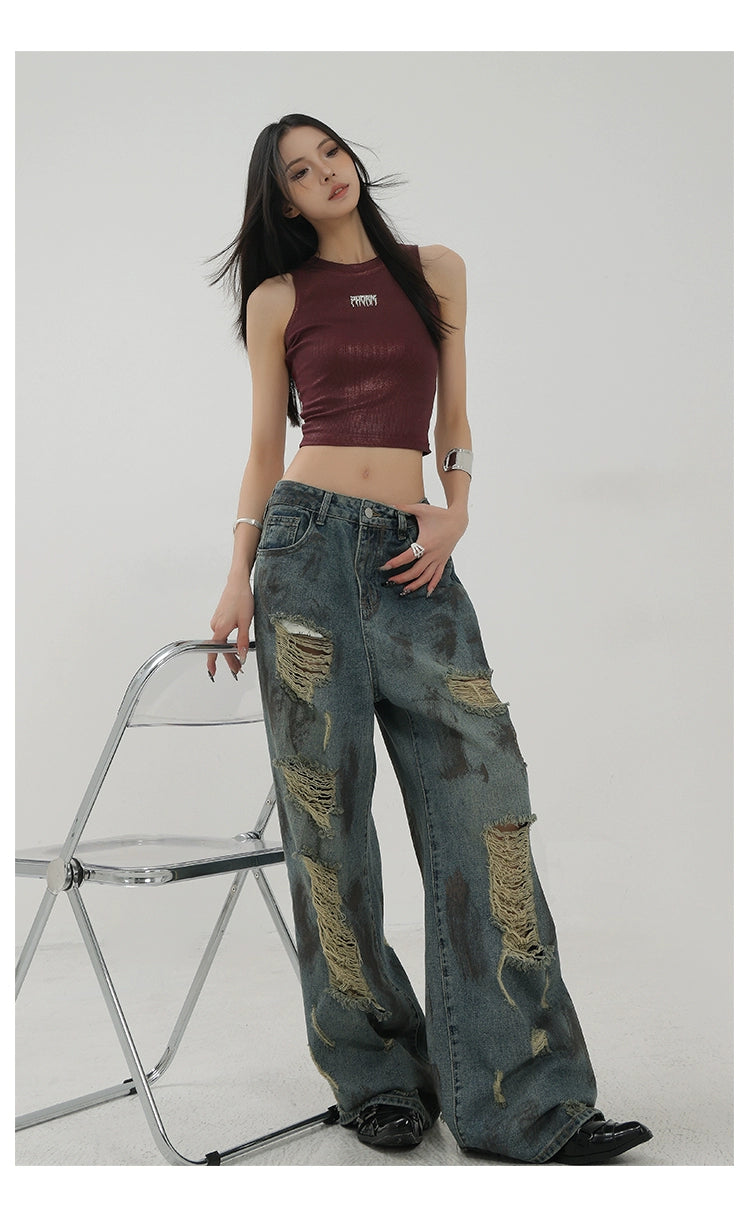 Retro Tie-Dye Distressed Wide-Leg Jeans With Washed Effect And Draping Fit - chiclara