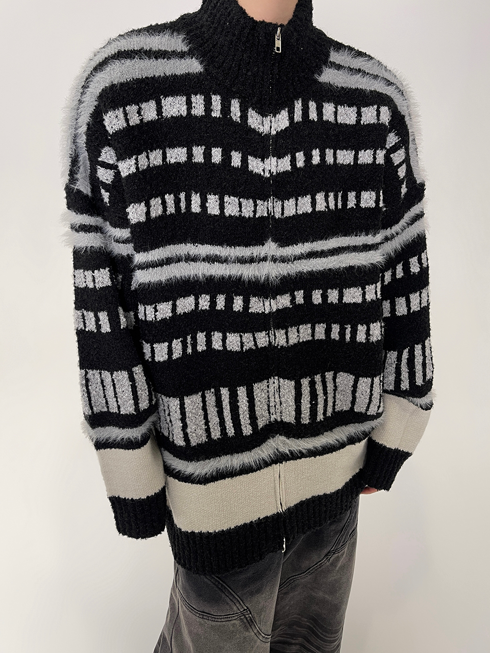 Metro Lines Fuzzy Zip Knit Sweater