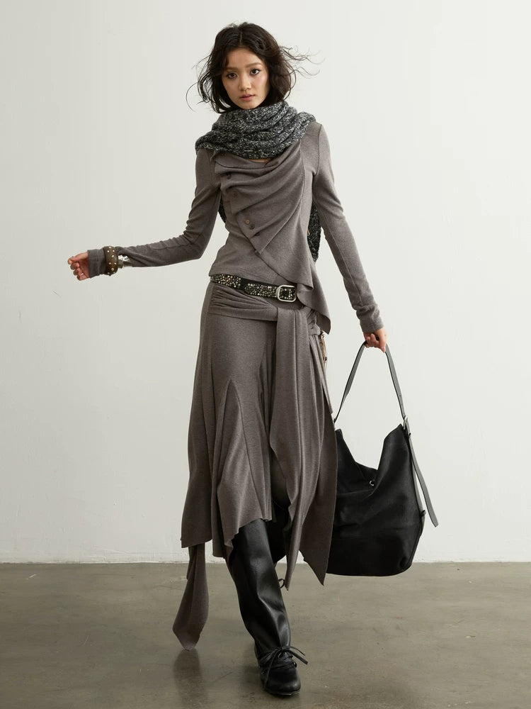 Taupe Draped Asymmetric Tie Top