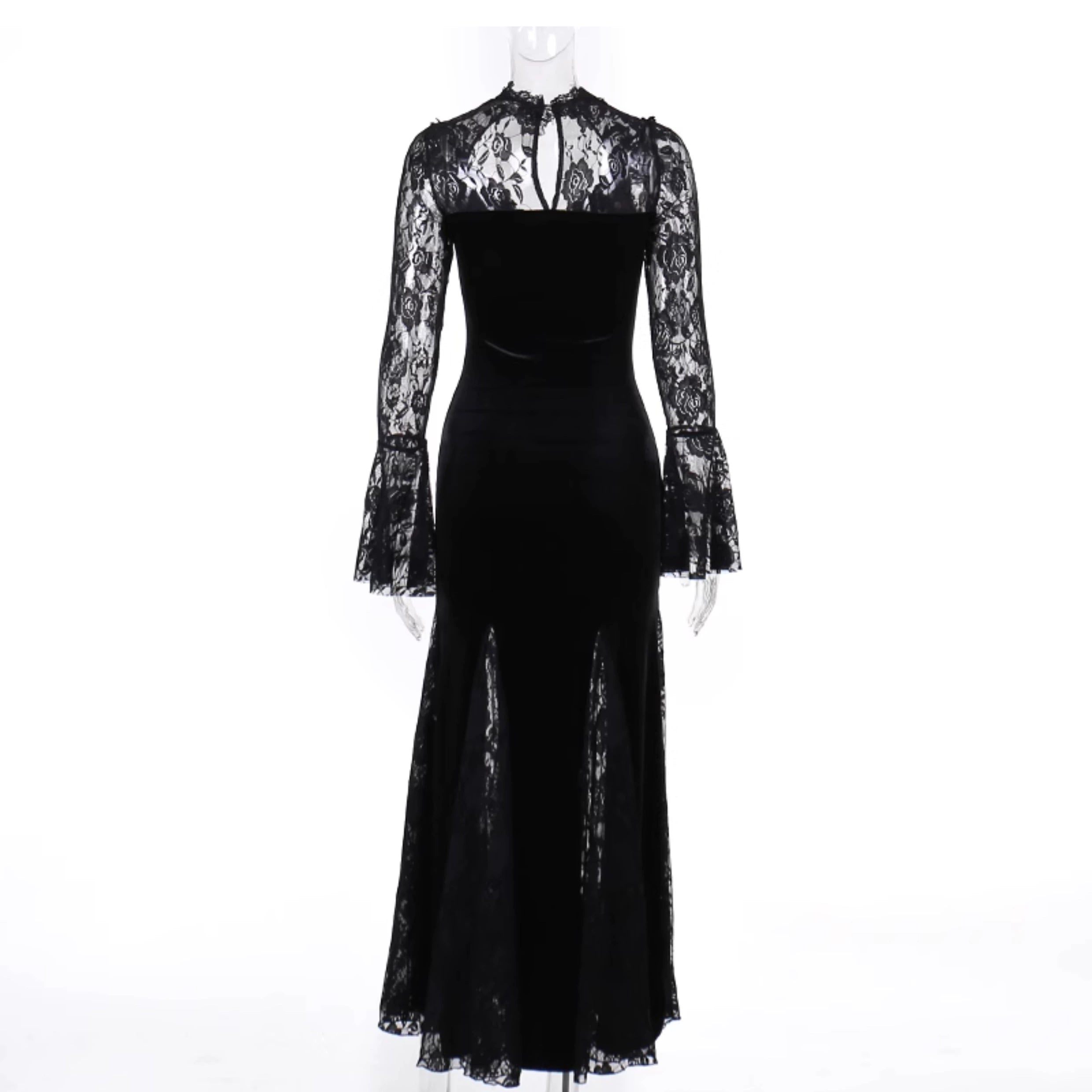 Robe sirène en velours gothique wannathis - robe de plancher en dentelle à manches longues avec collier élevé