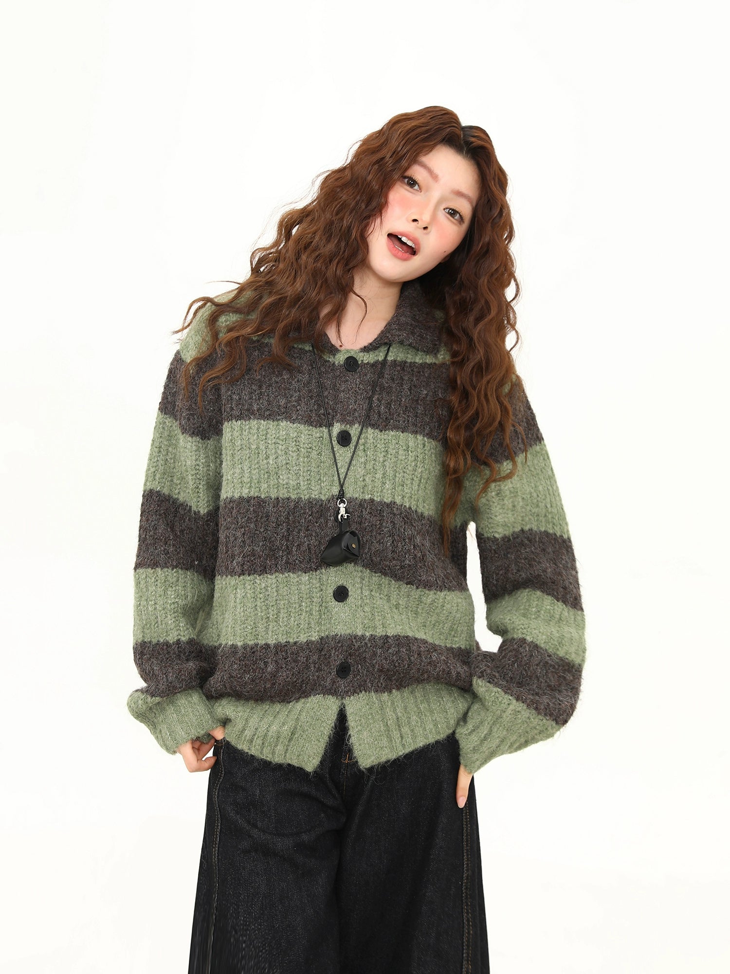 Sage Mocha Fuzzy Stripe Cardigan
