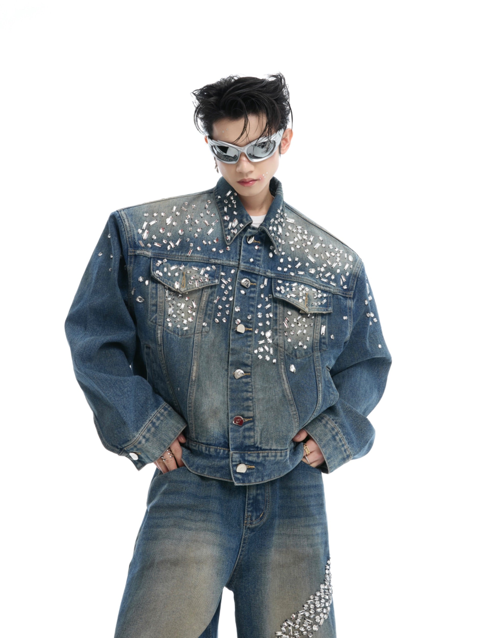 Crystal-Embellished Structured Denim Jacket