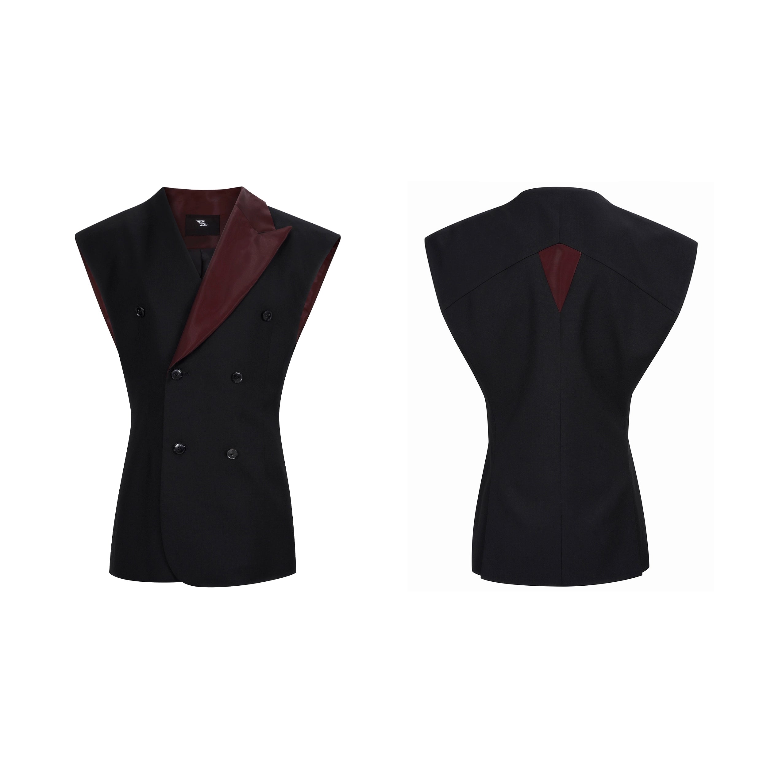 Double-Breasted Black Blazer with Asymmetrical Burgundy Lapel