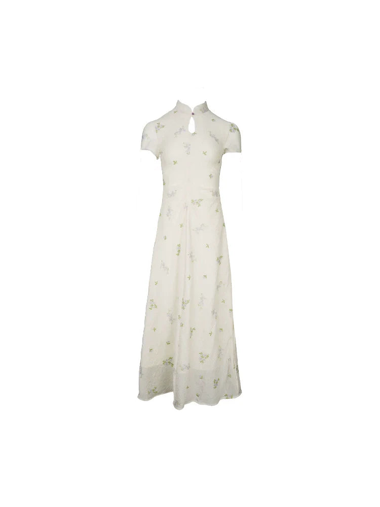 White Floral Chinese Collar Maxi Dress