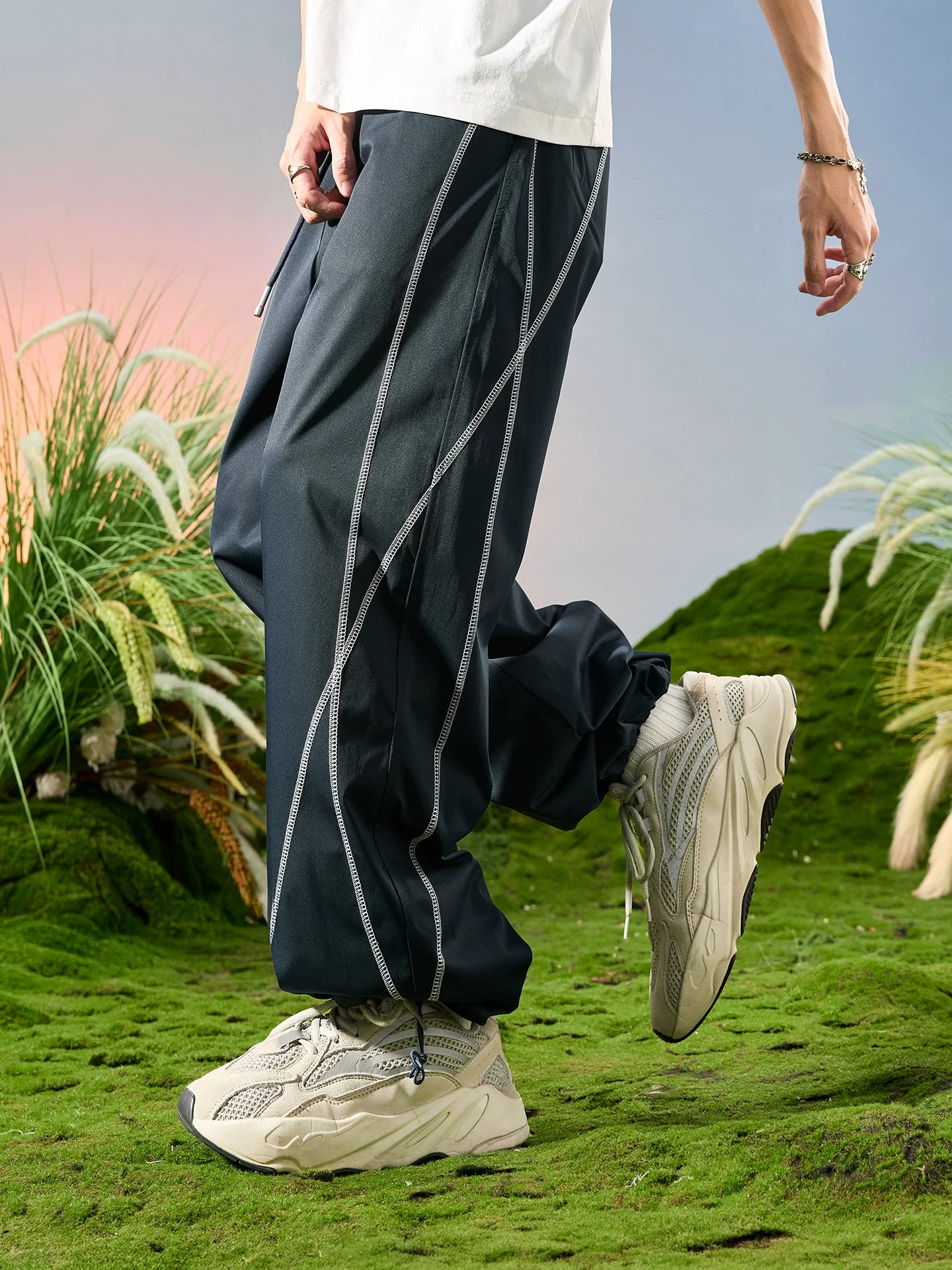 Contrast Stitch Drawstring Parachute Pants