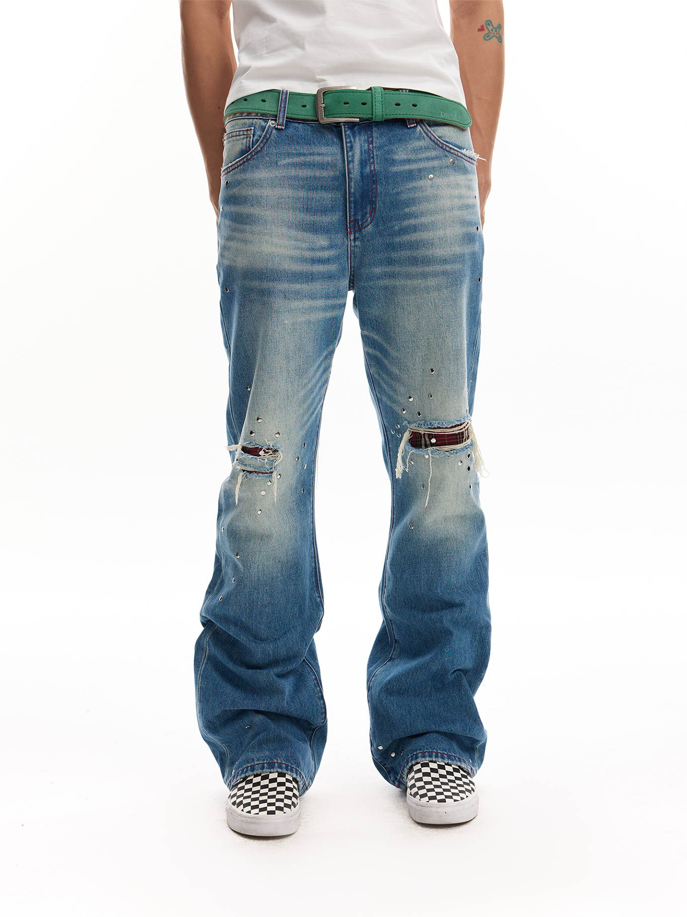 Studded Plaid‑Patch Light Wash Street Jeans