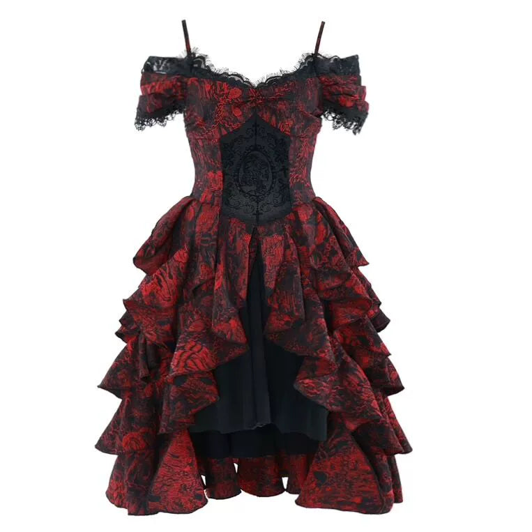 Gothic Red Layered Ruffle Ball Dress