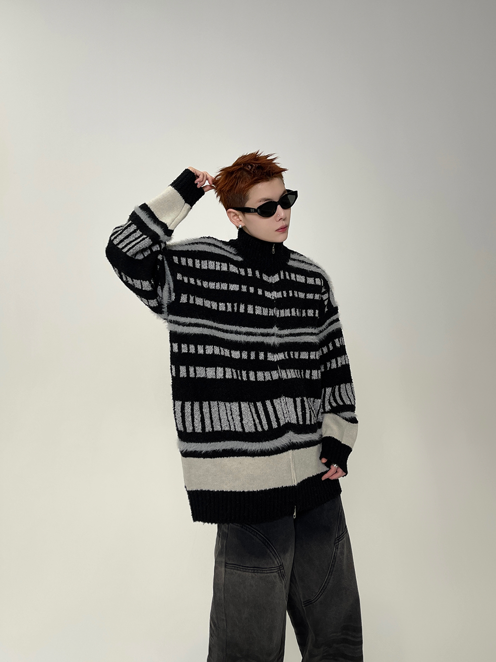 Metro Lines Fuzzy Zip Knit Sweater