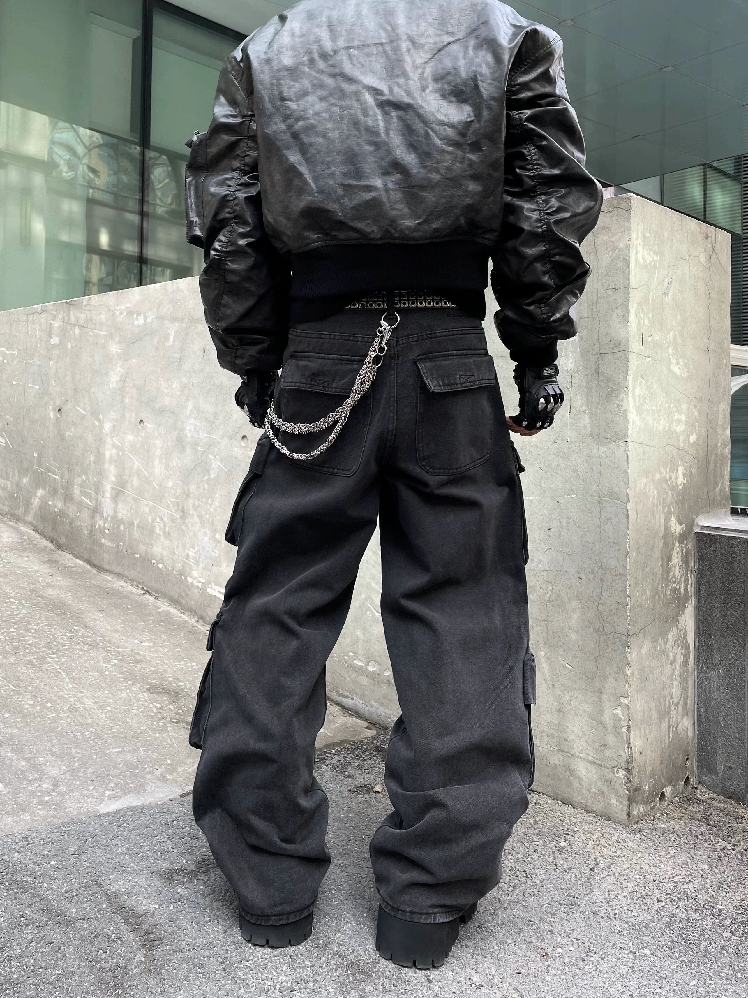 Black Utility Cargo Straight Leg Denim Jeans