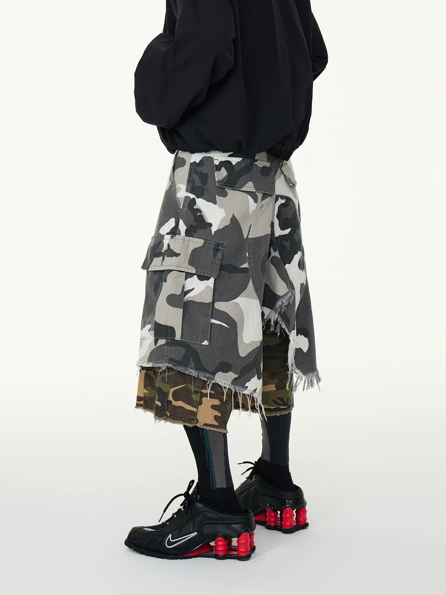 Double Layered Camo Patchwork Cargo Shorts
